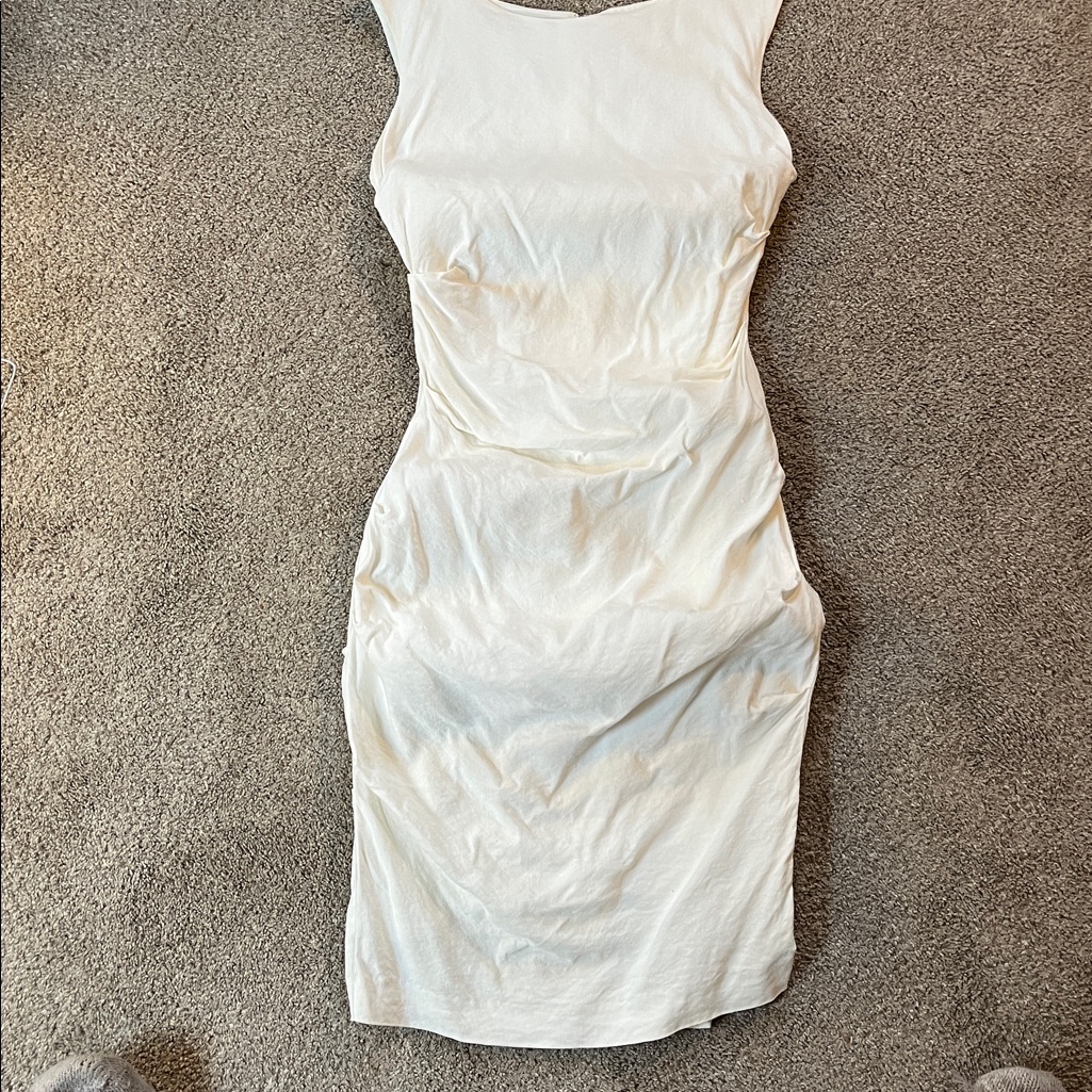 Nicole Miller Artelier Linen Blend Stretch Sheath Cream Sz 4 Sexy Elegant Ruched